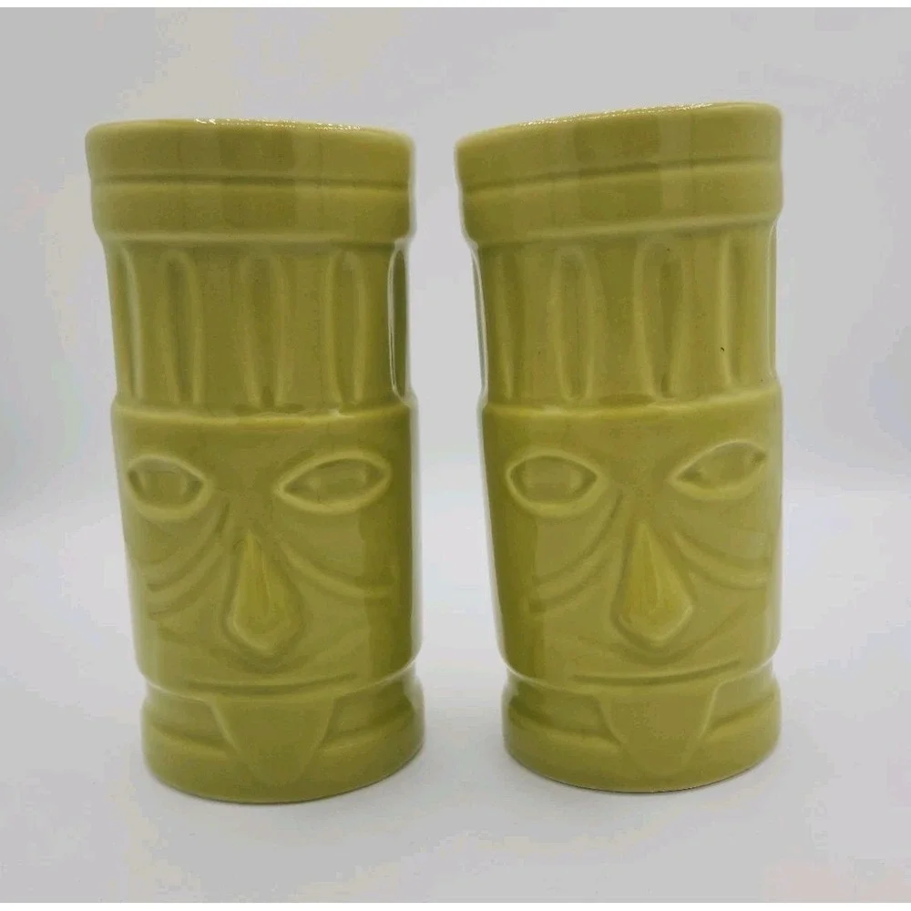 Pair Of Crate and‎ Barrel Lime Green Tiki Tall Hurricane Glasses by Jane Dixon